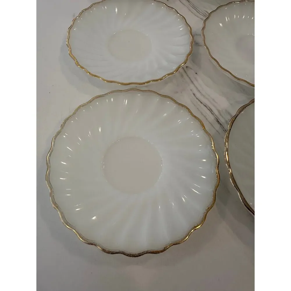 Vintage Anchor Hocking Suburbia Milk Glass Gold Trim Bread Dessert Plates Set 10